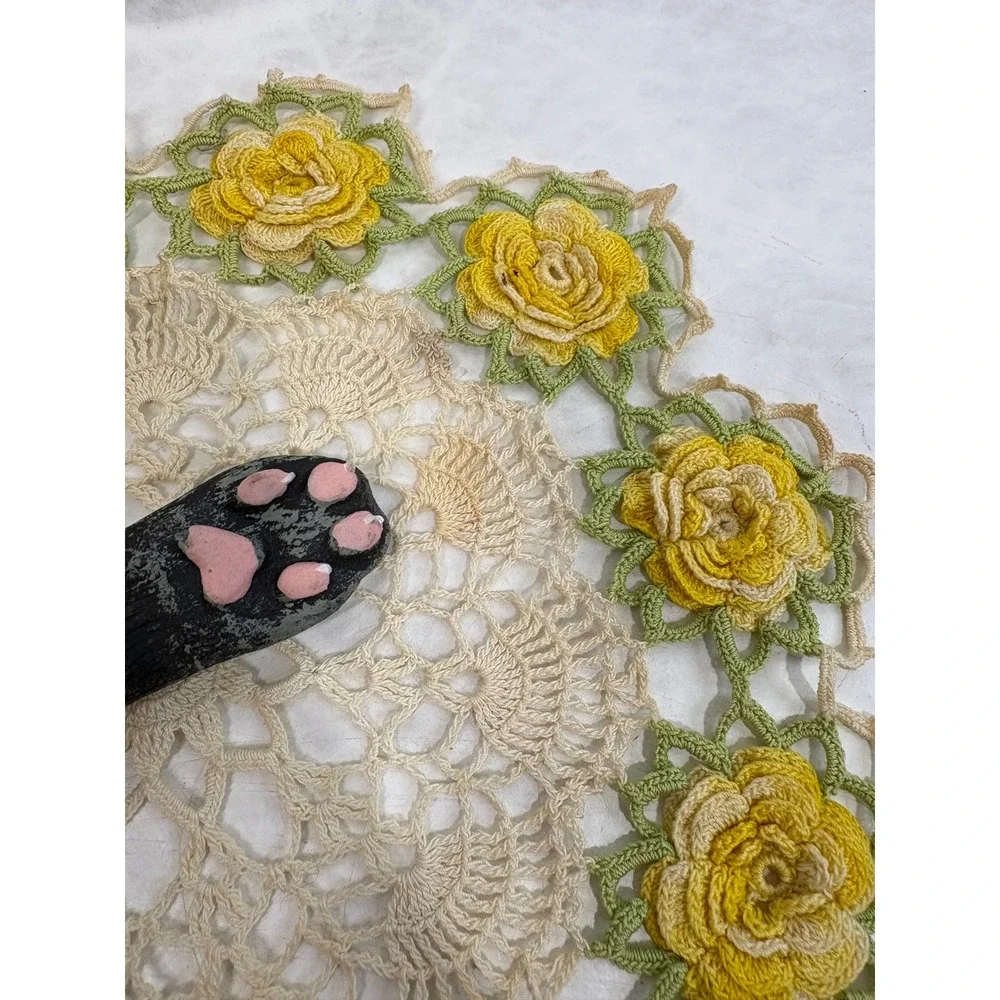 Vintage Handmade Crochet Doilies Set of 2 Yellow Rose 3D Floral Lace Multi-Color